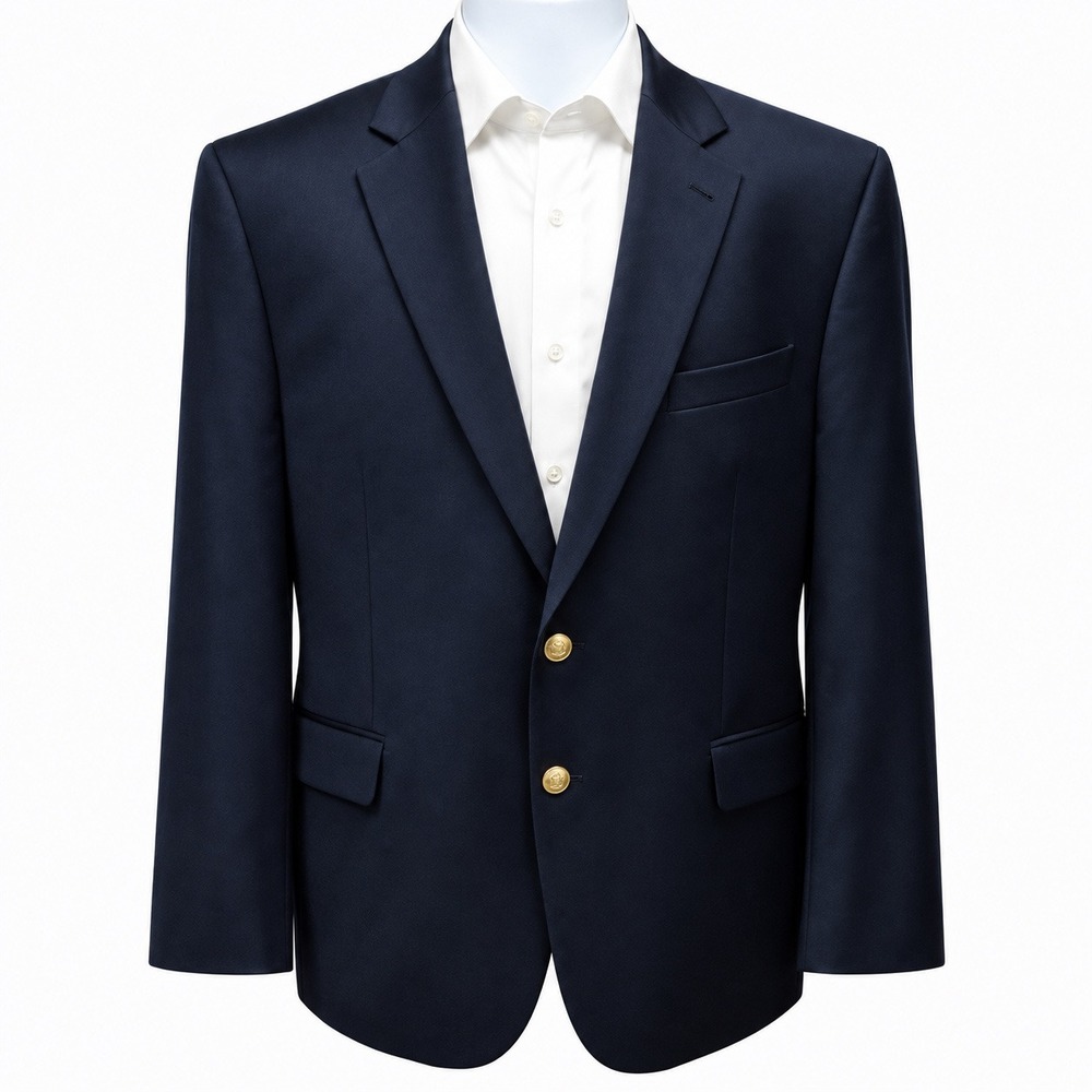 Chaps Mens Navy Blue 100% Wool 2-Button Blazer Gold Crest Buttons Size 48R